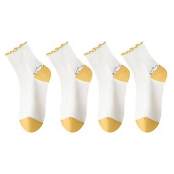 4 Pairs Mid-Crew Ruffle Trim Socks with Contrast Toe Heel and Cat Embroidery Design