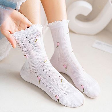 Women's 5-Pair Set Ruffle Ankle Socks with Floral Embroidery and Breathable Knit Design