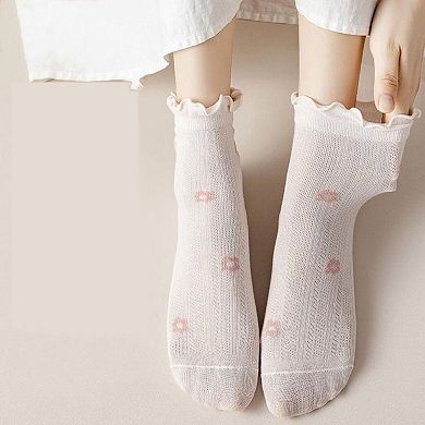 Women's 5-Pair Set Ruffle Ankle Socks with Floral Embroidery and Breathable Knit Design