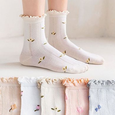 Women's 5-Pair Set Ruffle Ankle Socks with Floral Embroidery and Breathable Knit Design