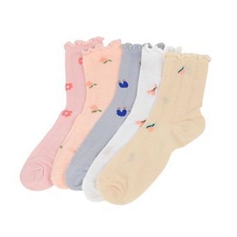 Women's 5-Pair Set Ruffle Ankle Socks with Floral Embroidery and Breathable Knit Design