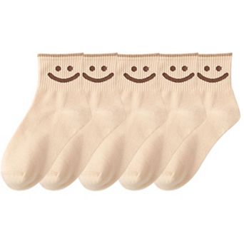 5 Pairs Women's Ankle Socks with Smiley Face Design Soft Cotton Ribbed Cuffs
