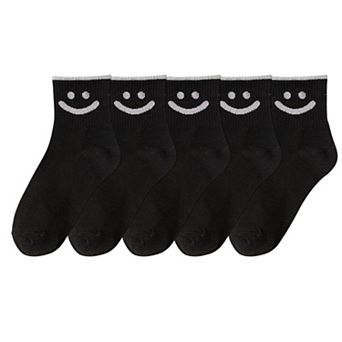 5 Pairs Women's Ankle Socks with Smiley Face Design Soft Cotton Ribbed Cuffs