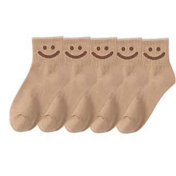 5 Pairs Women's Ankle Socks with Smiley Face Design Soft Cotton Ribbed Cuffs