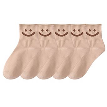 5 Pairs Women's Ankle Socks with Smiley Face Design Soft Cotton Ribbed Cuffs
