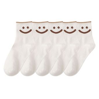5 Pairs Women's Ankle Socks with Smiley Face Design Soft Cotton Ribbed Cuffs