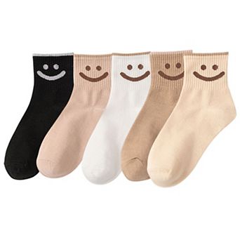 5 Pairs Women's Ankle Socks with Smiley Face Design Soft Cotton Ribbed Cuffs