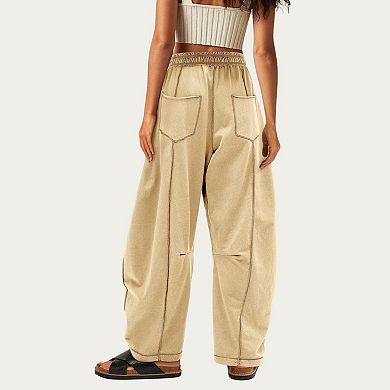 Women's Soft Wide Leg Pants with Cargo Style Seam Detailing Adjustable Drawstring Waistband
