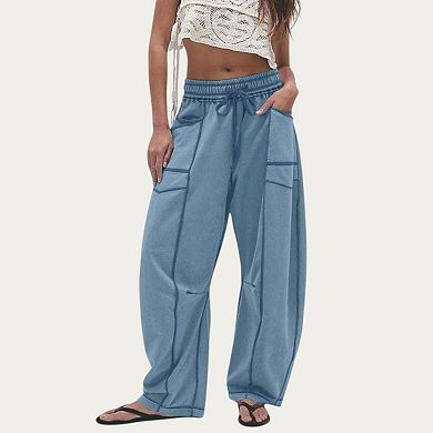 Women's Soft Wide Leg Pants with Cargo Style Seam Detailing Adjustable Drawstring Waistband