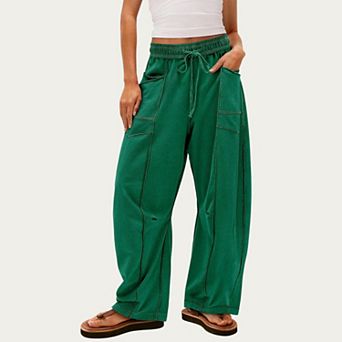 Women's Soft Wide Leg Pants with Cargo Style Seam Detailing Adjustable Drawstring Waistband