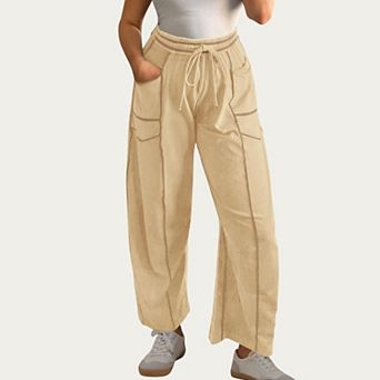 Women's Soft Wide Leg Pants with Cargo Style Seam Detailing Adjustable Drawstring Waistband
