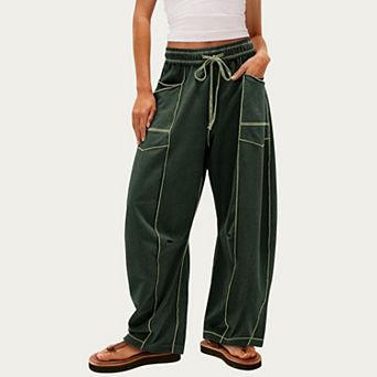 Women's Soft Wide Leg Pants with Cargo Style Seam Detailing Adjustable Drawstring Waistband