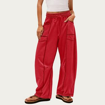 Women's Soft Wide Leg Pants with Cargo Style Seam Detailing Adjustable Drawstring Waistband