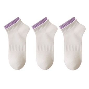 Women's 3-Pack Ribbed Ankle Socks with Contrast Color Cuffs Soft Cotton Stretch Design
