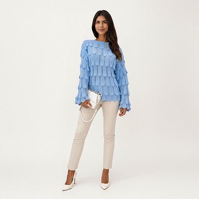 Women's Textured Loop Knit Sweater Top with Soft Open-Stitch Pattern Long Flared Sleeves