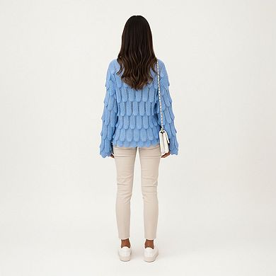 Women's Textured Loop Knit Sweater Top with Soft Open-Stitch Pattern Long Flared Sleeves