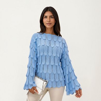 Women's Textured Loop Knit Sweater Top with Soft Open-Stitch Pattern Long Flared Sleeves