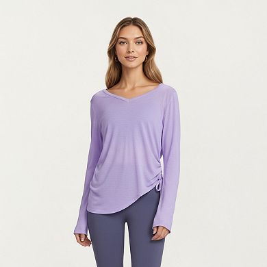 Women's Long Sleeve V Neck Top with Soft Textured Fabric Relaxed Draped Silhouette