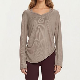 Women's Long Sleeve V Neck Top with Soft Textured Fabric Relaxed Draped Silhouette