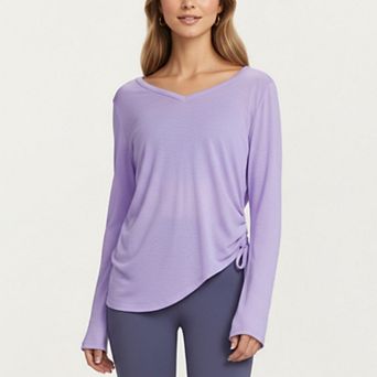 Women's Long Sleeve V Neck Top with Soft Textured Fabric Relaxed Draped Silhouette