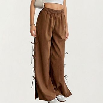 Women's Wide Lounge Pants with Soft Relaxed Fit Elastic Waistband and Adjustable Side Tie Accents