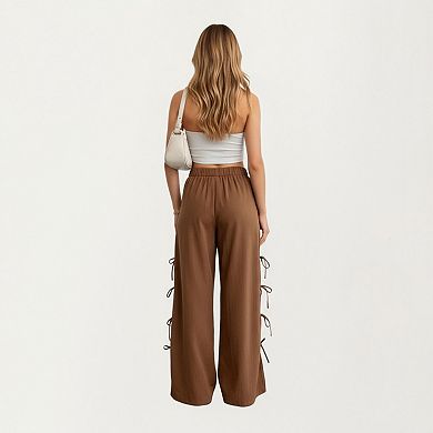 Women's Wide Lounge Pants with Soft Relaxed Fit Elastic Waistband and Adjustable Side Tie Accents