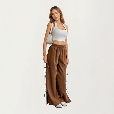 Women's Wide Lounge Pants with Soft Relaxed Fit Elastic Waistband and Adjustable Side Tie Accents