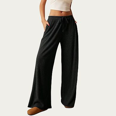 Women's Soft Ribbed Pants with Wide Relaxed Legs Adjustable Drawstring Waistband and Stretch Fabric