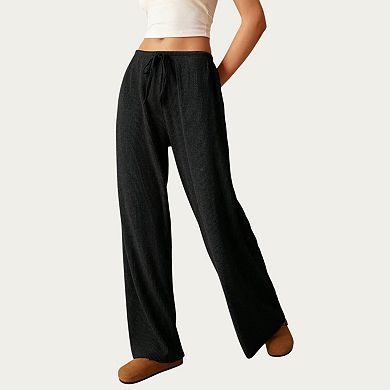 Women's Soft Ribbed Pants with Wide Relaxed Legs Adjustable Drawstring Waistband and Stretch Fabric