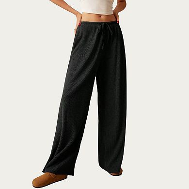 Women's Soft Ribbed Pants with Wide Relaxed Legs Adjustable Drawstring Waistband and Stretch Fabric