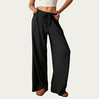 Women's Soft Ribbed Pants with Wide Relaxed Legs Adjustable Drawstring Waistband and Stretch Fabric