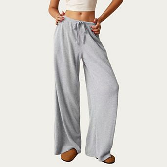 Women's Soft Ribbed Pants with Wide Relaxed Legs Adjustable Drawstring Waistband and Stretch Fabric