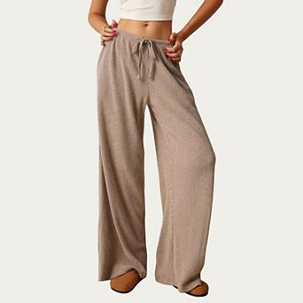Women's Soft Ribbed Pants with Wide Relaxed Legs Adjustable Drawstring Waistband and Stretch Fabric
