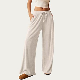 Women's Soft Ribbed Pants with Wide Relaxed Legs Adjustable Drawstring Waistband and Stretch Fabric