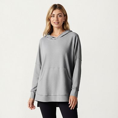 Women's Long Sleeve Knit Hoodie Top with Kangaroo Pocket Soft Relaxed Fit Drop Shoulder Design