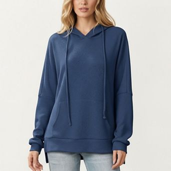 Women's Long Sleeve Knit Hoodie Top with Kangaroo Pocket Soft Relaxed Fit Drop Shoulder Design