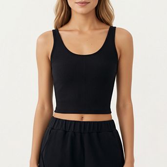 Women's Ribbed Cropped Active Tank Top with Scoop Neckline Contoured Seam Detail