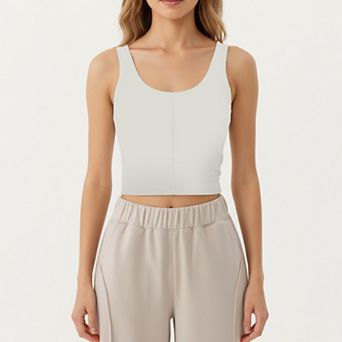 Women's Ribbed Cropped Active Tank Top with Scoop Neckline Contoured Seam Detail
