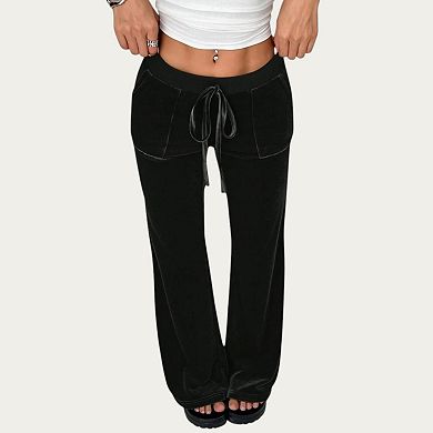 Women's Soft Velvet Lounge Pants with Wide Flared Legs Adjustable Drawstring Waistband