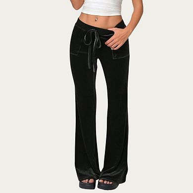 Women's Soft Velvet Lounge Pants with Wide Flared Legs Adjustable Drawstring Waistband