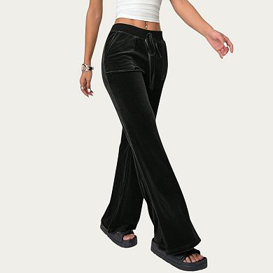 Women's Soft Velvet Lounge Pants with Wide Flared Legs Adjustable Drawstring Waistband