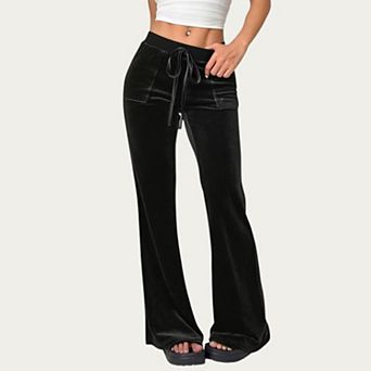 Women's Soft Velvet Lounge Pants with Wide Flared Legs Adjustable Drawstring Waistband