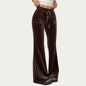 Women's Soft Velvet Lounge Pants with Wide Flared Legs Adjustable Drawstring Waistband