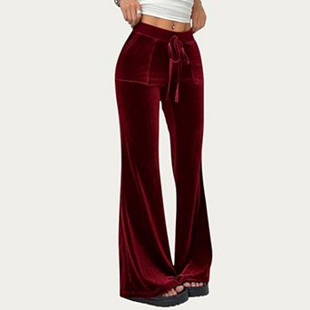 Women's Soft Velvet Lounge Pants with Wide Flared Legs Adjustable Drawstring Waistband