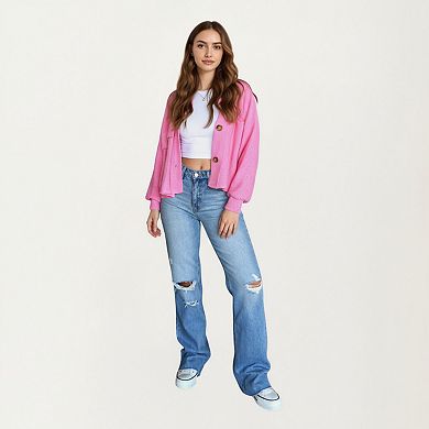 Women's Textured Knit Button Front Jacket with Long Sleeves Oversized Chest Pockets Structured Hem