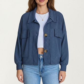 Women's Textured Knit Button Front Jacket with Long Sleeves Oversized Chest Pockets Structured Hem