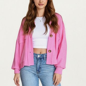 Women's Textured Knit Button Front Jacket with Long Sleeves Oversized Chest Pockets Structured Hem