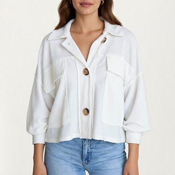 Women's Textured Knit Button Front Jacket with Long Sleeves Oversized Chest Pockets Structured Hem