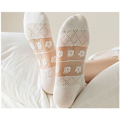 Women's 3-Pack Sheer Lace Ice Silk Ankle Socks with Floral Knit Design Lightweight Breathable Style