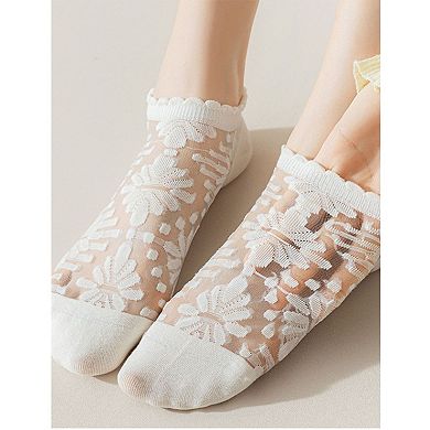 Women's 3-Pack Sheer Lace Ice Silk Ankle Socks with Floral Knit Design Lightweight Breathable Style